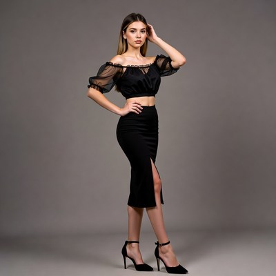 Woman posing in black sheer top skirt