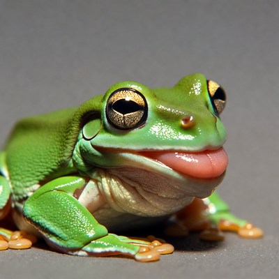 Green tree frog sticking tongue out