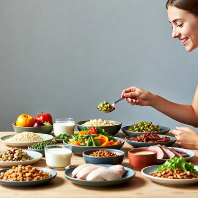 Woman scooping edamame from healthy food table