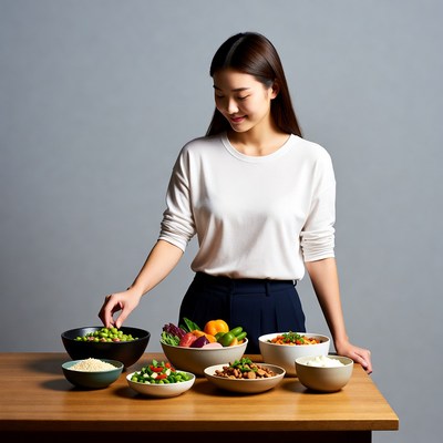 Asian woman serving colorful salad bowls