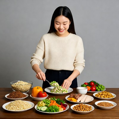 Asian woman serving salad at table