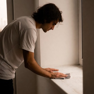 Man cleaning window sill