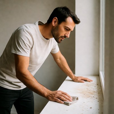 Man cleaning windowsill with cloth