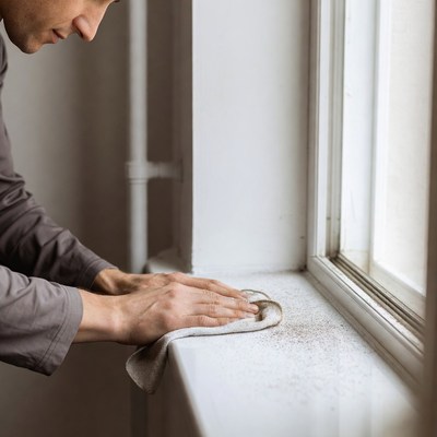 Man cleaning window sill with cloth