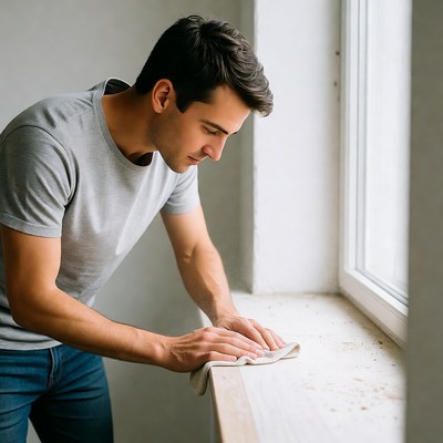 Man cleaning window sill with cloth