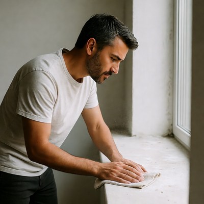 Man cleaning window sill with cloth