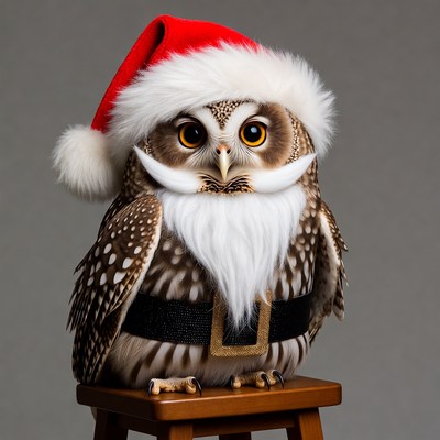 Owl Wearing Santa Hat and Beard