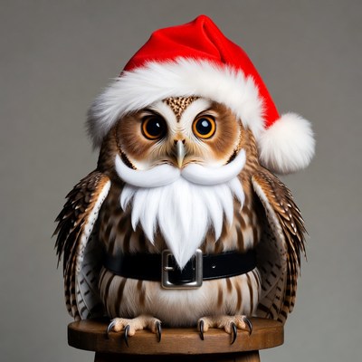 Owl Wearing Santa Hat and Beard