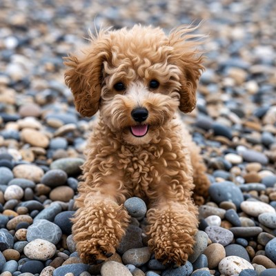 Fluffy apricot poodle puppy on pebbles