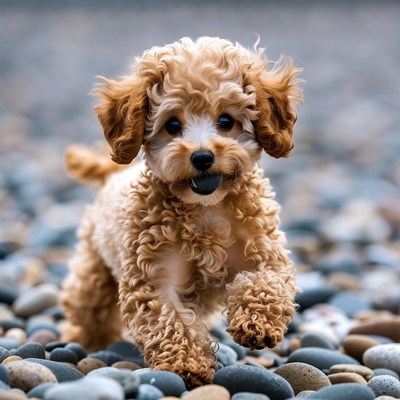 Fluffy Poodle Puppy on Pebbles