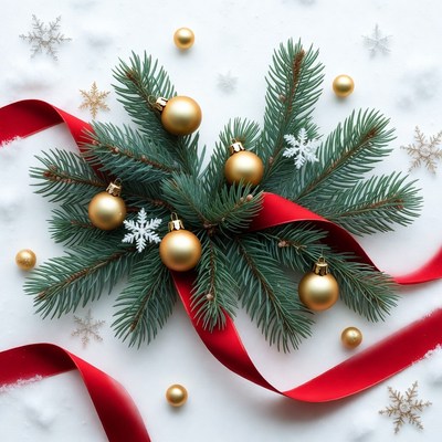 Christmas Fir Branch with Gold Ornaments