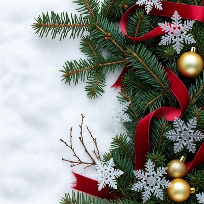 Christmas Fir Branches with Red Ribbon