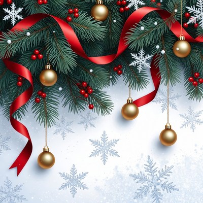 Christmas Wreath with Red Ribbon and Gold Ornaments