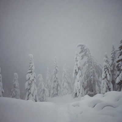 Snowy Pine Trees in Foggy Forest