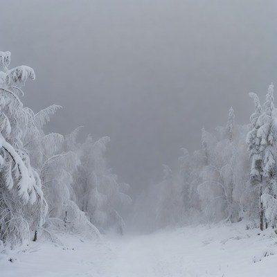 Snowy Path Through Foggy Forest