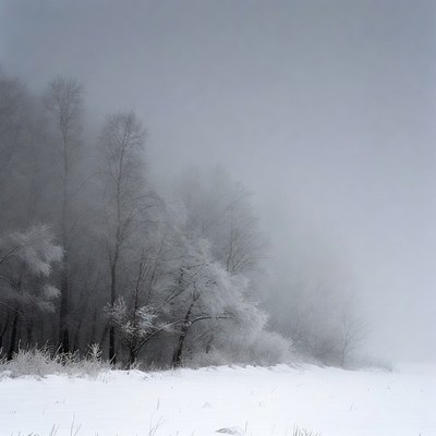 Frost-covered trees in snowy fog