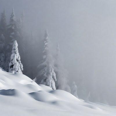 Snowy Pine Trees in Foggy Mountains