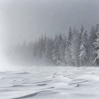 Snowy Pine Forest in Fog