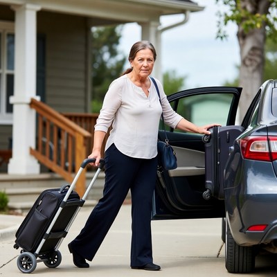Woman loading suitcase into car