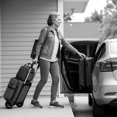 Senior woman loading luggage into car