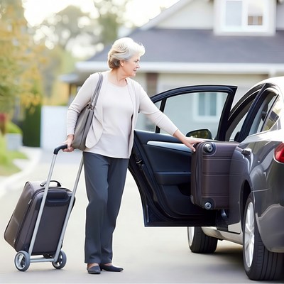 Elderly woman loading suitcase into car