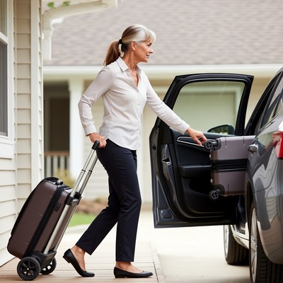 Mature woman loading suitcase into car