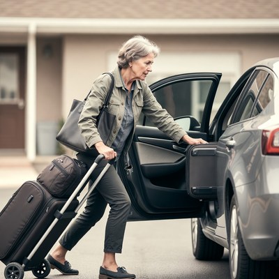 Elderly woman loading luggage into car