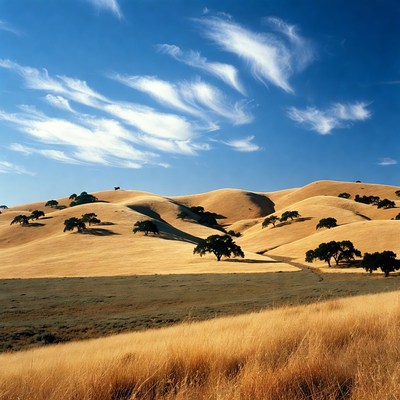 Golden rolling hills with oak trees