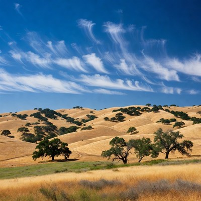 Golden rolling hills with oak trees