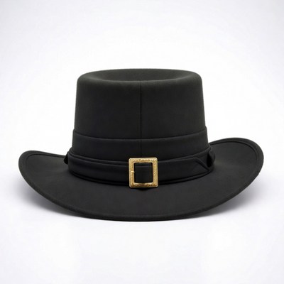 Black felt hat with gold buckle