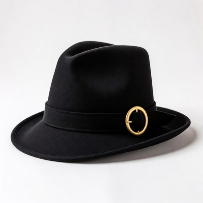 Black fedora hat with gold buckle