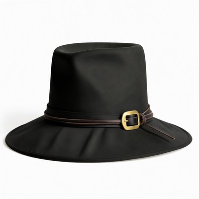Black Leather Wide-Brim Fedora Hat