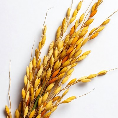 Golden rice stalks on white background