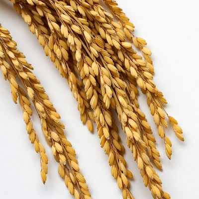 Golden rice stalks on white background