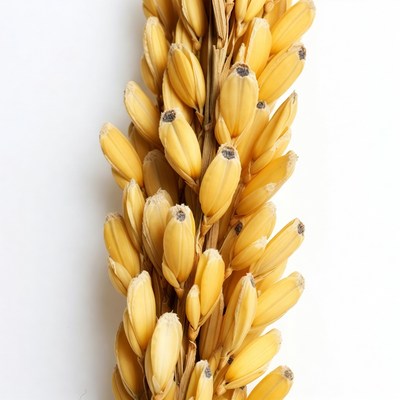 Golden rice stalk on white background