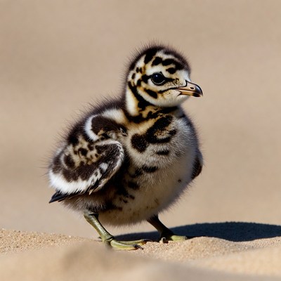 Fluffy black-winged gull chick on sand