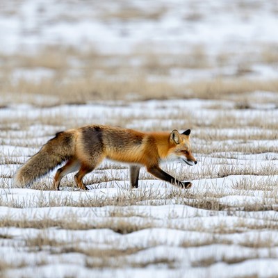 Red fox walking in snowy field