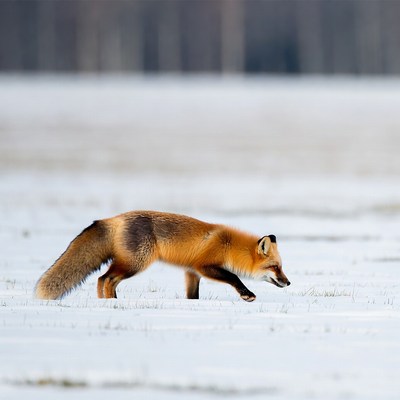 Red fox walking in snowy field