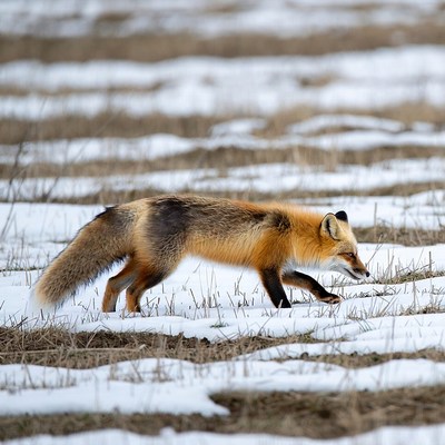 Red fox walking in snowy field