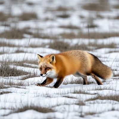 Red fox walking in snowy grass
