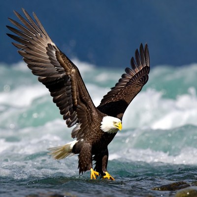 Bald eagle standing in water