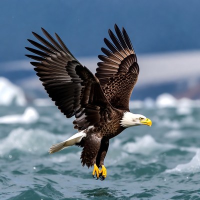 Bald Eagle Flying Over Icy Water
