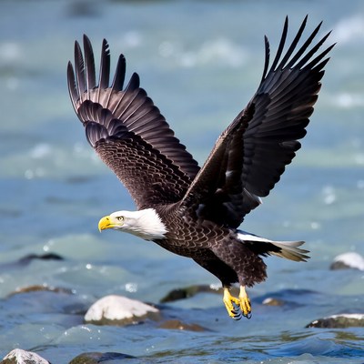 Bald eagle flying over river