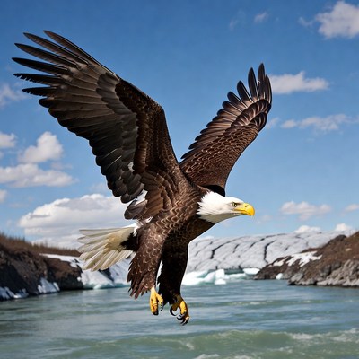 Bald Eagle Flying Over River