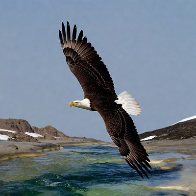 Bald eagle flying over river