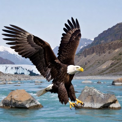 Bald eagle flying over river