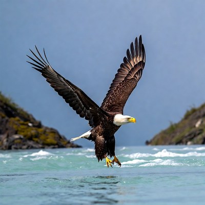 Bald eagle flying over river