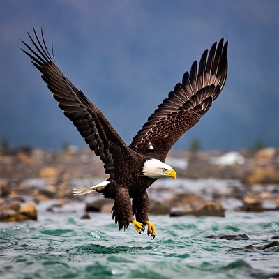 Bald eagle flying over river