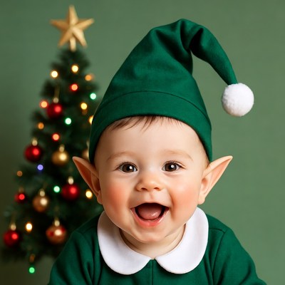 Baby elf smiling with Christmas tree
