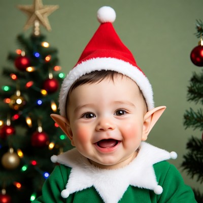 Baby Elf Smiling with Christmas Tree